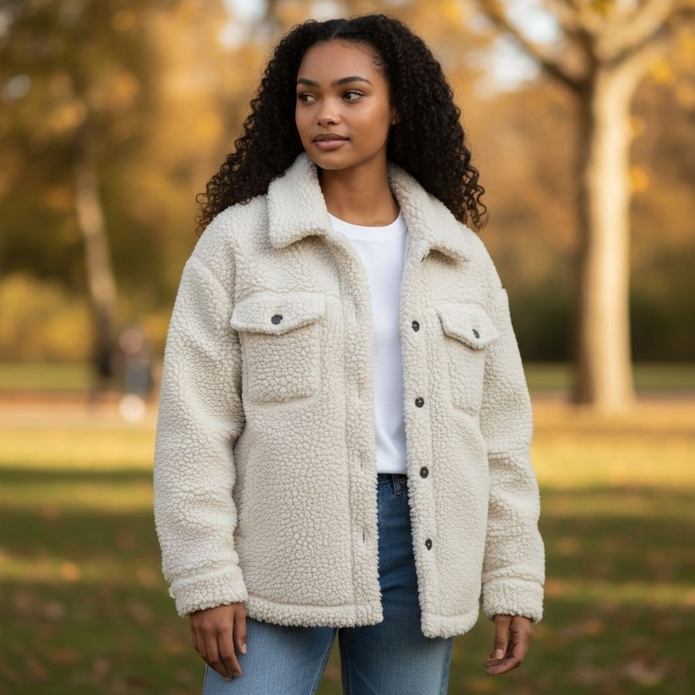 32 Degrees Teddy Sherpa‎ Jacket Women's M/L Cozy Fuzzy Button Up Shacket Cream